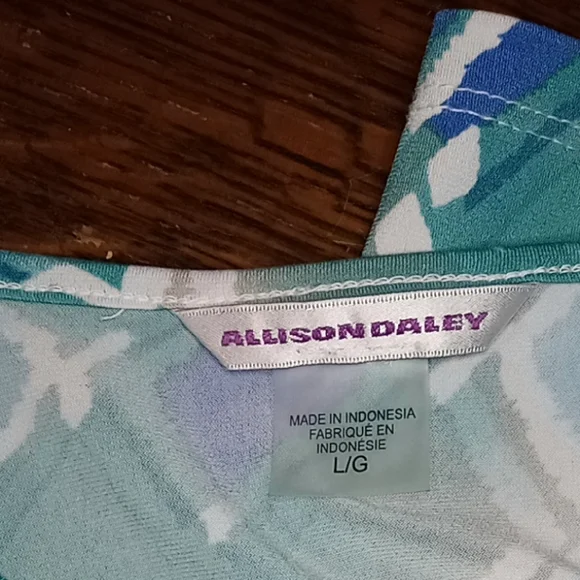 Allison Daley Large Blue Teal Abstract Geometric Blouse 3/4 Sleeve Knit Top L - Picture 6 of 7